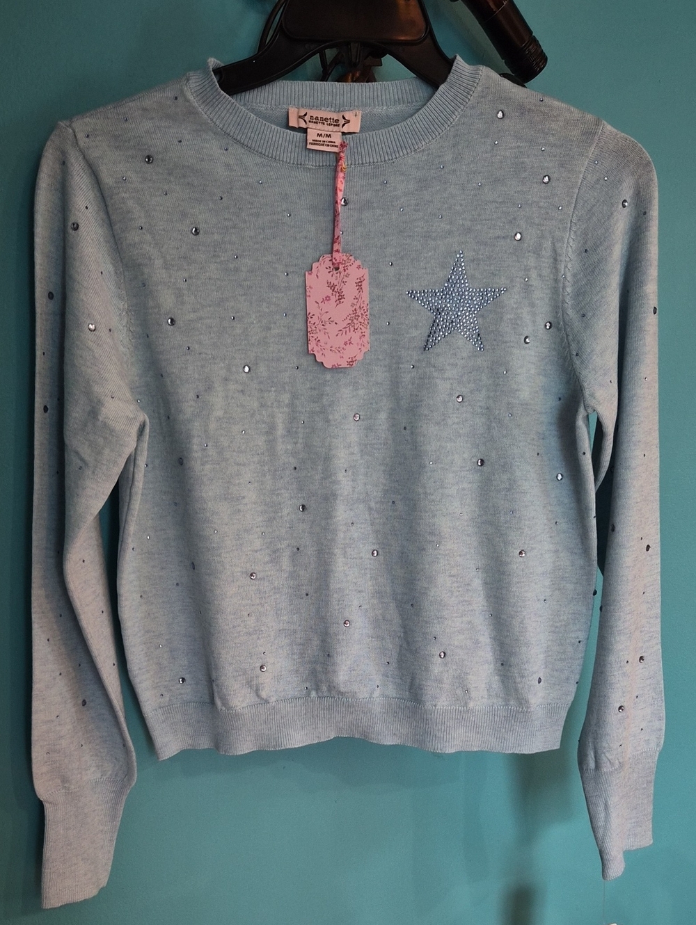 NWT Nanette Lepore  Light Blue Crewneck Sweater with Beaded Star PTP 20, L 22